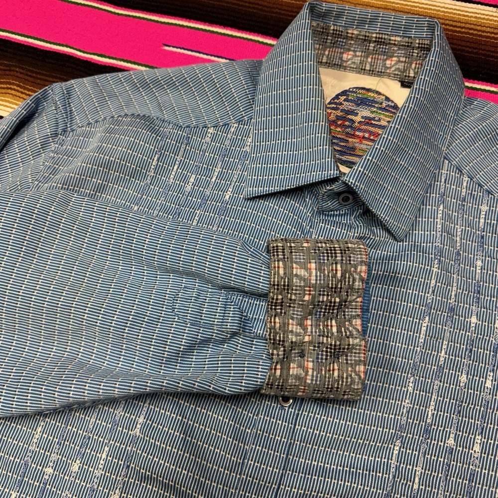 Robert Graham Dress Shirt Men XL Blue Geometric Plaid Flip‎ Cuff Button Up